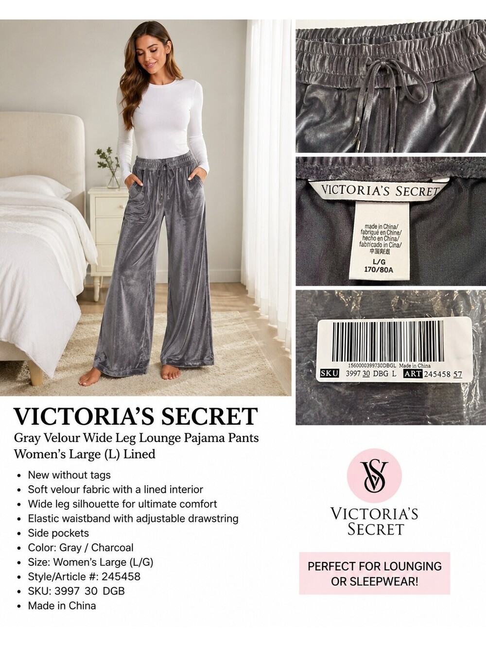 Victoria's Secret Gray Velour Wide Leg Lounge Pajama Pants Women's Large NIB